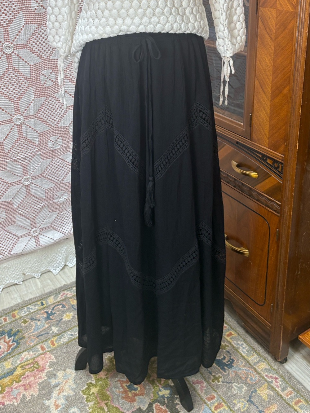 Boho Black Maxi Skirt with Lace Trim | Size L